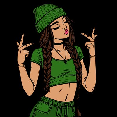 realistic teenage girl with braids and a beanie and crop top doing 🫶🏼