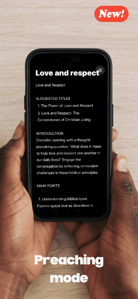 Sermon Assist - Pantalla de teléfono inteligente que muestra un esquema de sermón titulado Amor y respeto en el modo de predicación de la aplicación Sermon Assist.