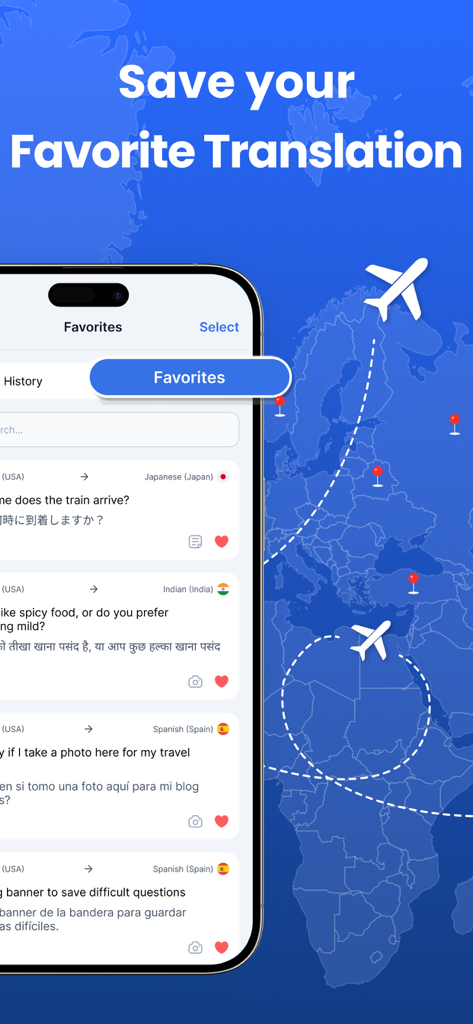 AI Translator, Voice Translate - A tela de favoritos do aplicativo AI Translator exibindo frases traduzidas salvas