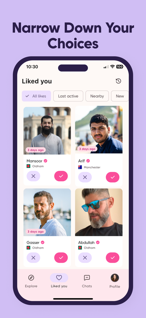 Simply Nikah - A mobile interface of the Simply Nikah app showing a grid of male profiles who liked the user with options to filter by activity and location.