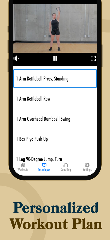 Parkour Trainings & workouts - A mobile app screen showing a video tutorial for a kettlebell exercise and a list of techniques for a personalized workout plan.