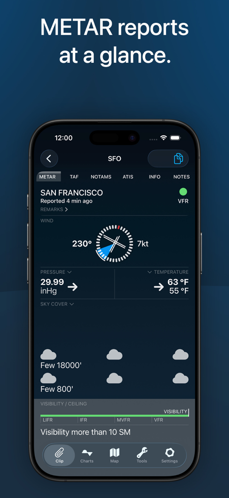 Decoded METAR report for San Francisco airport on StationWeather app