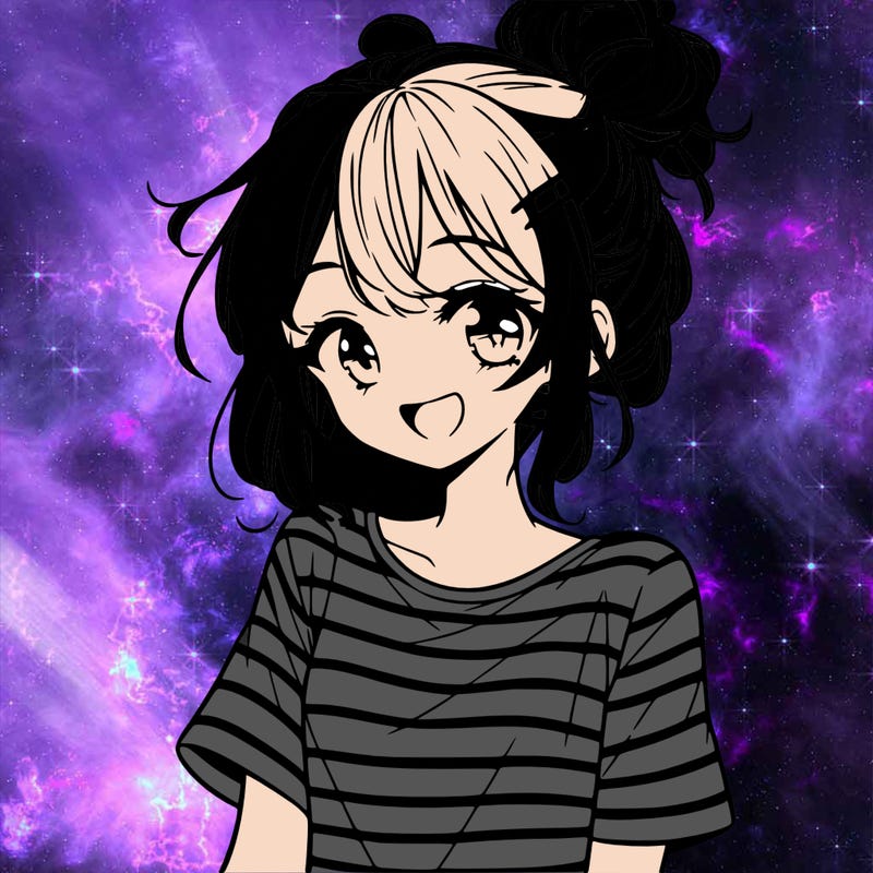anime girl teenager striped shirt and smile and messy bun