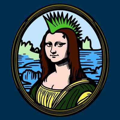 leonardo da vinci's "mona lisa" with punk hairstyle, realistic, thin borders