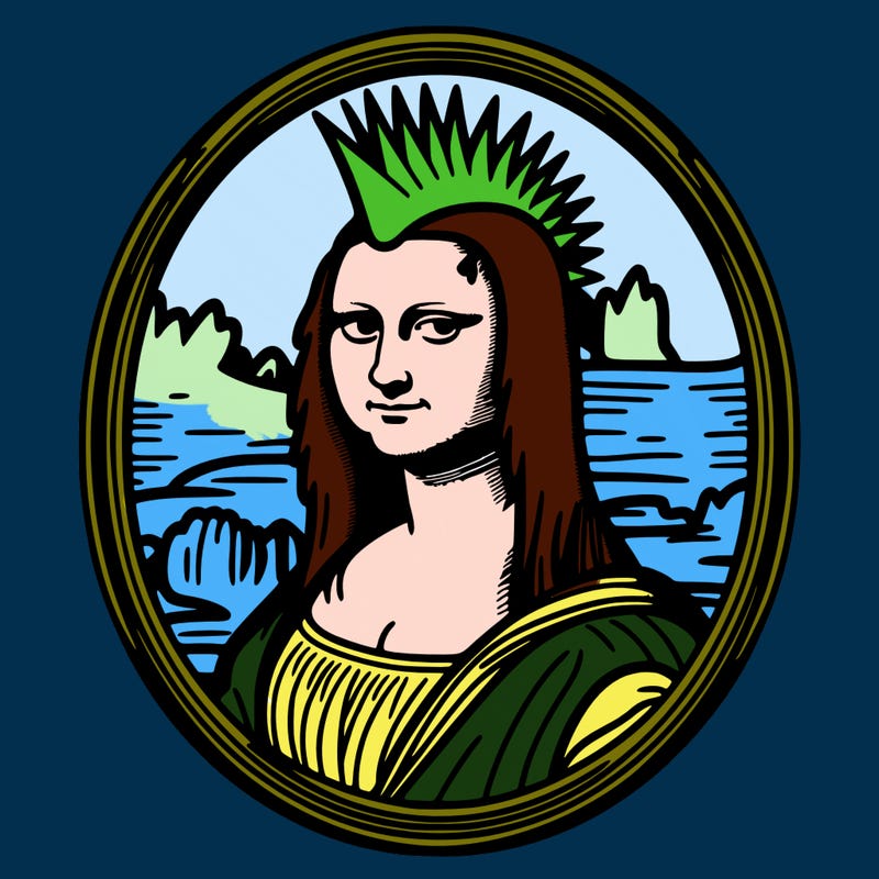 leonardo da vinci's "mona lisa" with punk hairstyle, realistic, thin borders