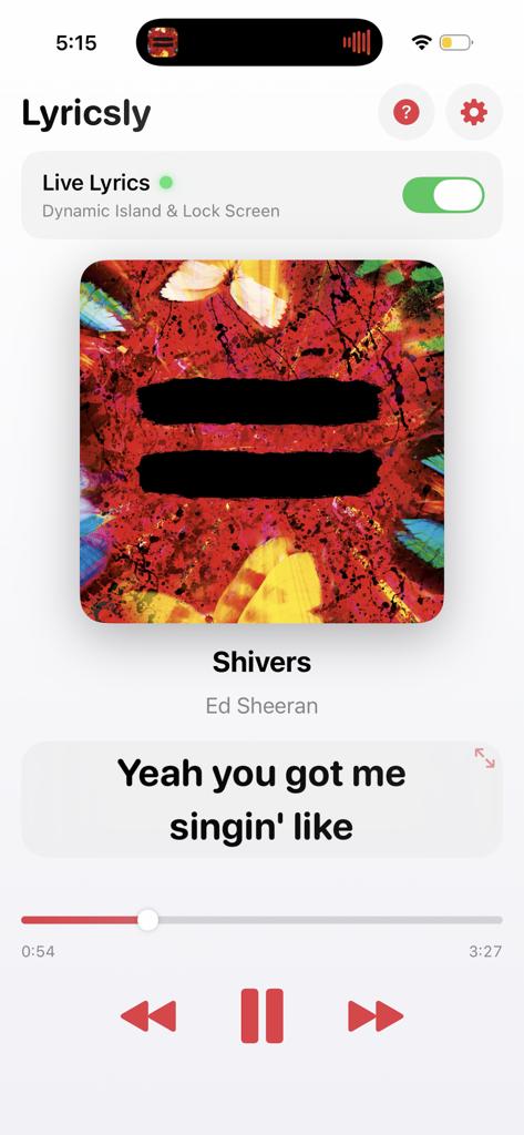 Dynamic Lyrics Widget - Lyricsly app music player interface showing live lyrics for the song Shivers by Ed Sheeran
