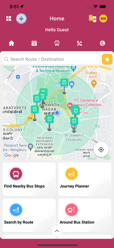 Namma BMTC - Namma BMTC app home screen featuring a live bus tracking map, route search, and journey planner buttons.