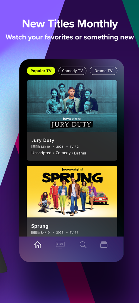 Interfaz de la aplicación Amazon Freevee mostrando series de TV originales populares como Jury Duty y Sprung.
