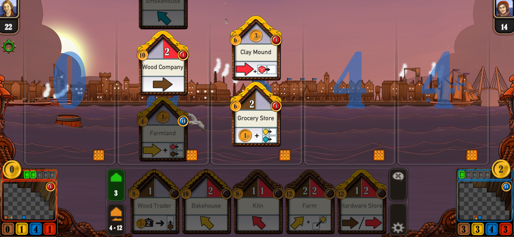 Digital board game interface of Le Havre The Inland Port showing building cards and resource management against a harbor backdrop