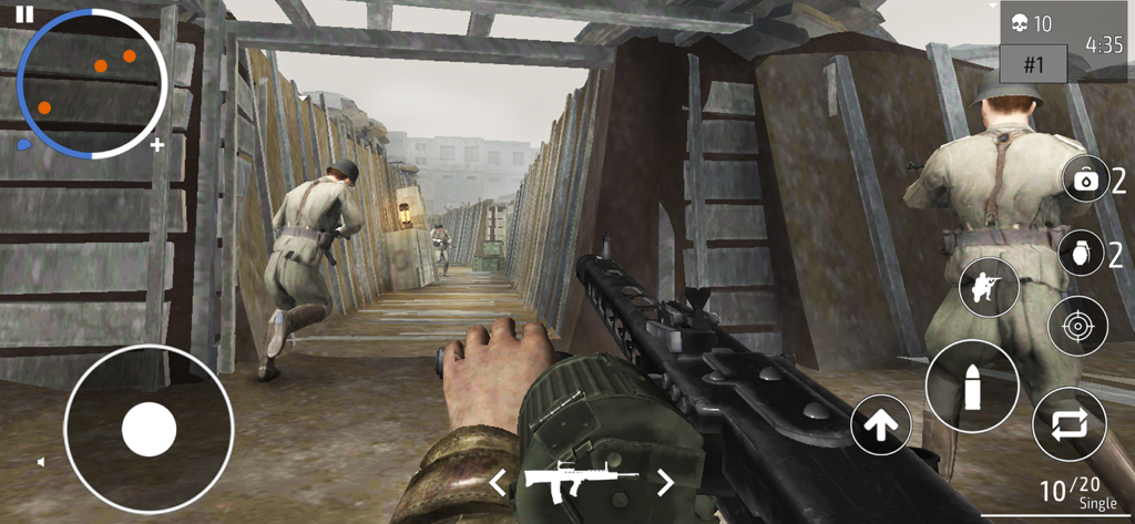 World War 2 - Shooter - First person shooter view of a soldier with a machine gun in a World War 2 trench