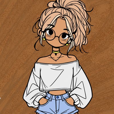 girl with a messy ponytail glasses a baggy crop top and jean shorts