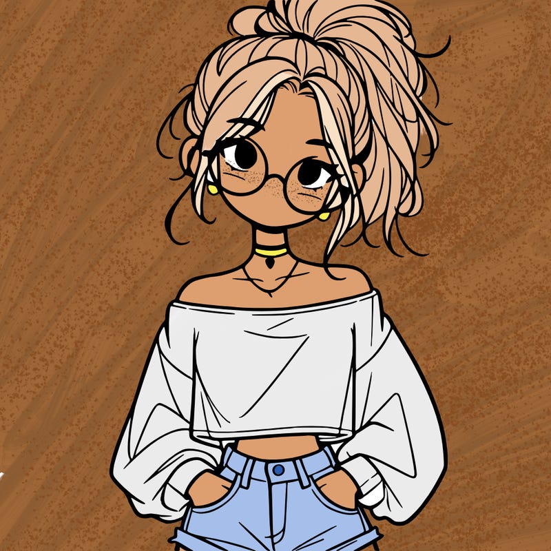 girl with a messy ponytail glasses a baggy crop top and jean shorts
