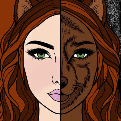 split face realistic woman and wolf
