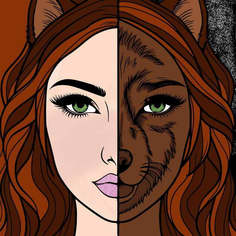 split face realistic woman and wolf