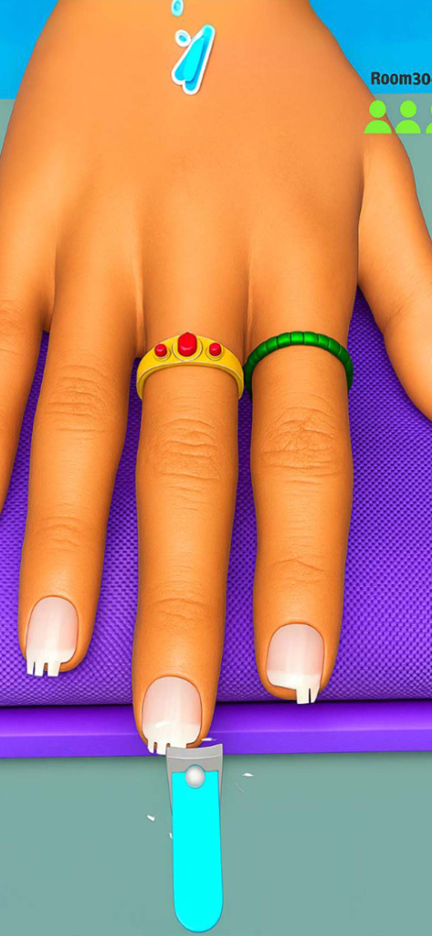 Glow & Guru Satisfying ASMR - A hand with rings having its nails trimmed with blue clippers in a satisfying ASMR beauty game scene.