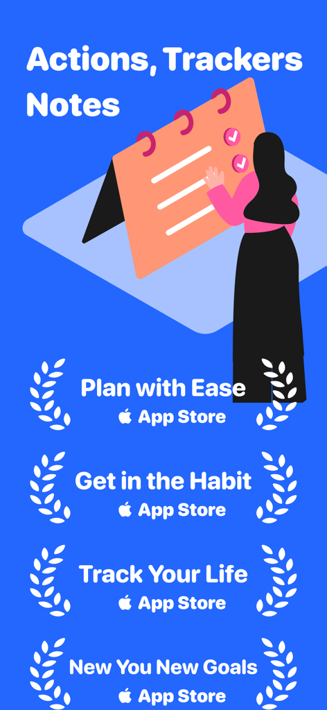 Mindkit-keep things organized - Gráfico promocional de la aplicación Mindkit que muestra funciones de planificación, seguimiento de hábitos y establecimiento de objetivos