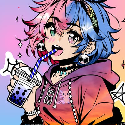 hot baddie anime girl drinking boba and biting the straw
