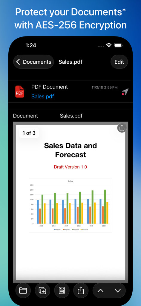 Safe +  Password Manager - Safe + App-Oberfläche zeigt ein PDF-Dokument, geschützt mit AES-256-Verschlüsselung.