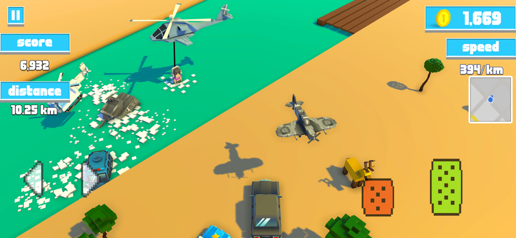 Top-down voxel art gameplay of a car escaping a high-speed police pursuit with helicopters and planes