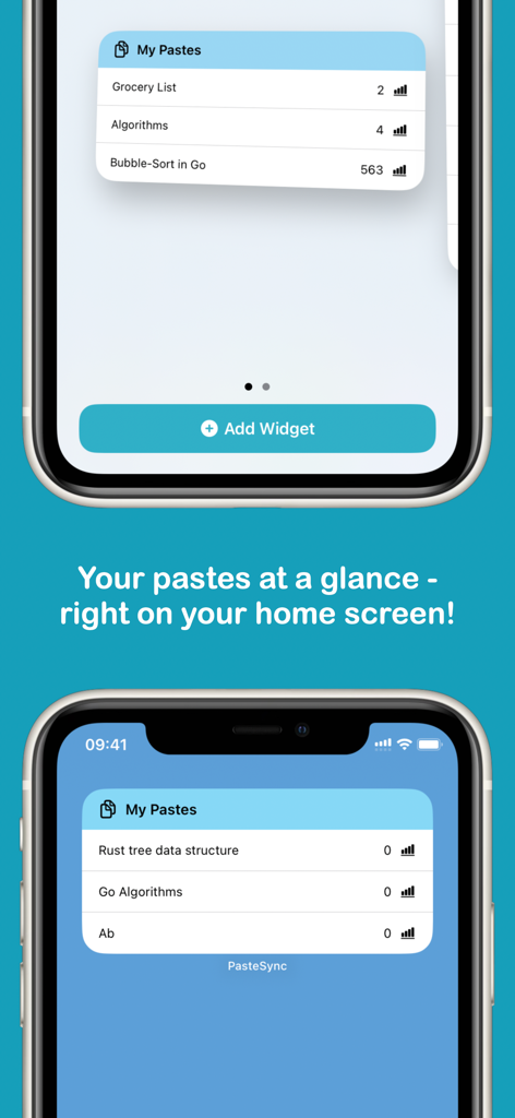 PasteSync - Pastebin Client - PasteSync iOS home screen widget showing a list of recently created Pastebin snippets.