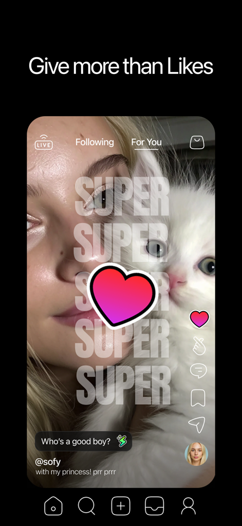 Waveful app interface showing a creator post with a large super like heart