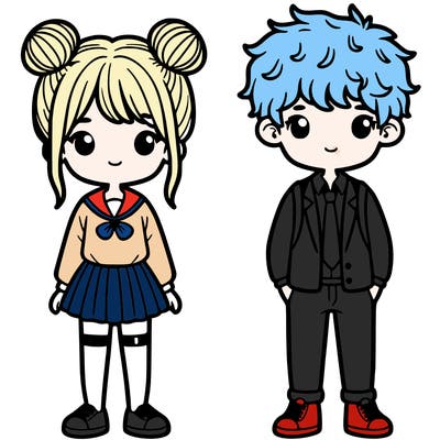 girl in a school outfit with buns standing next to a boy in a school outfit with messy hair