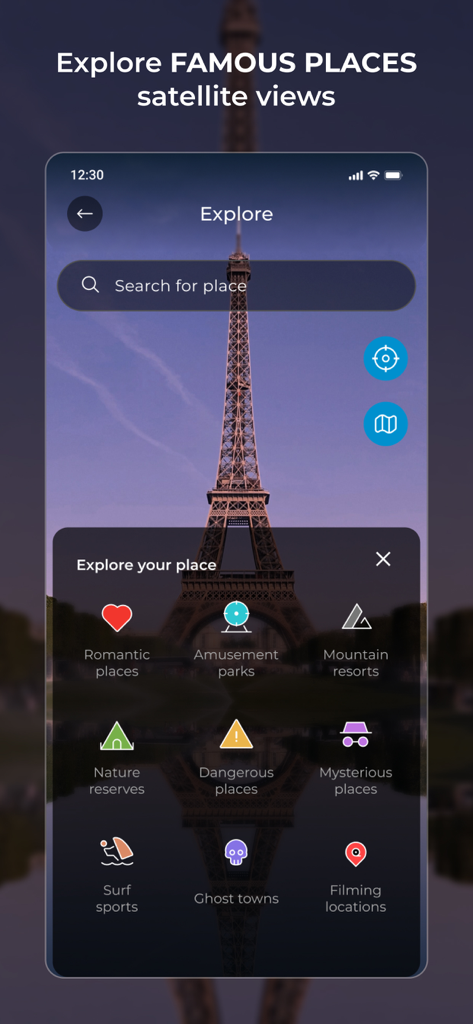 Interface of the Globe Earth 3D app showing thematic travel categories over an image of the Eiffel Tower