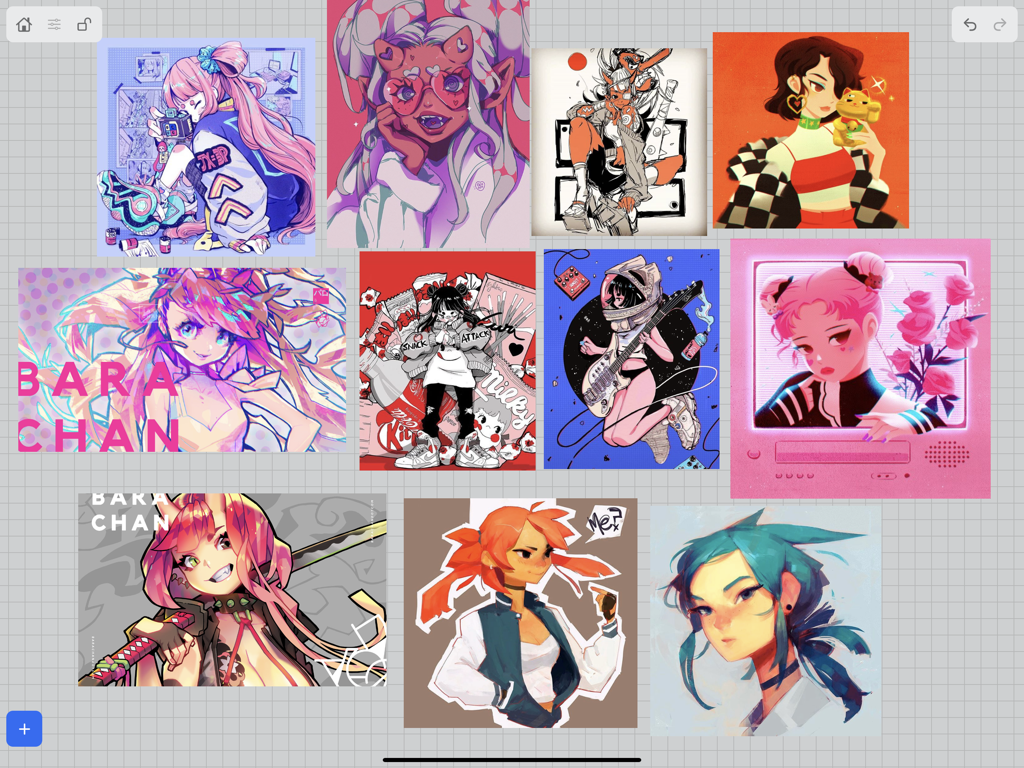 VizRef - A visual mood board in VizRef with multiple digital character illustrations arranged on a grid