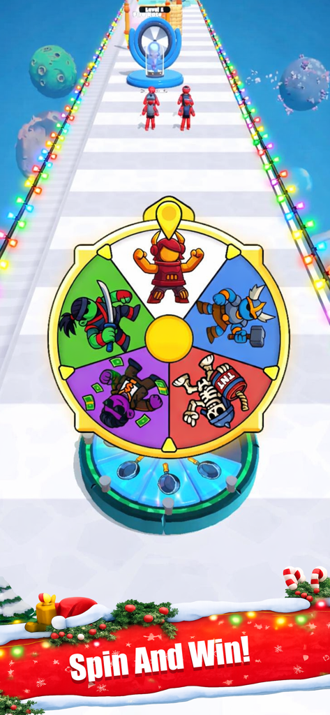 Human Fortune - A colorful prize wheel in the game Human Fortune featuring various character types like a ninja, knight, and skeleton.