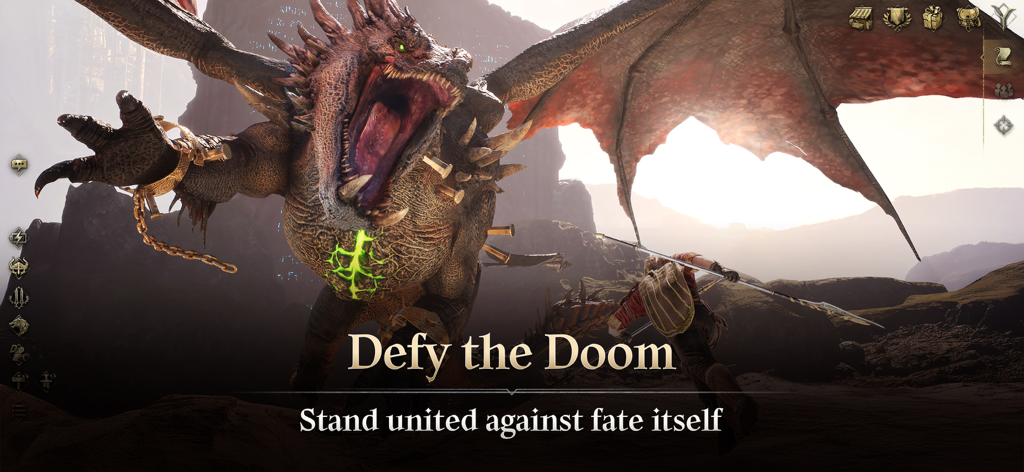 Legend of YMIR - Um guerreiro confronta um dragão alado massivo em Legend of YMIR com o texto 'Defy the Doom' ('Desafie o Destino')