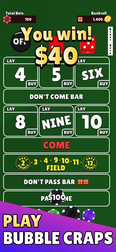 Bubble Craps - A winning notification on the green betting table in the Bubble Craps mobile game