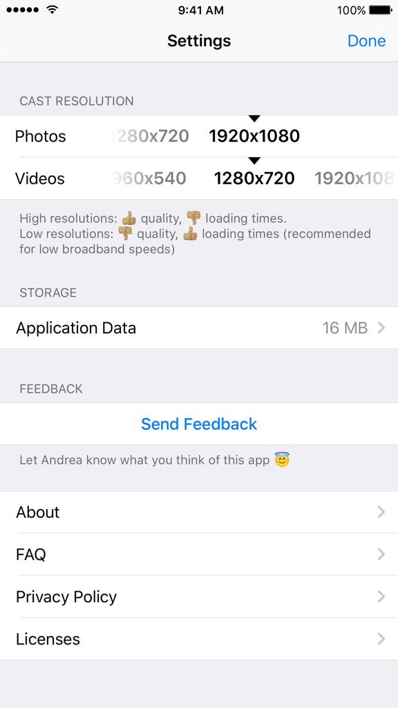 Einstellungsbildschirm der Cast Player App mit Optionen für die Foto- und Videoauflösung für das Chromecast-Streaming