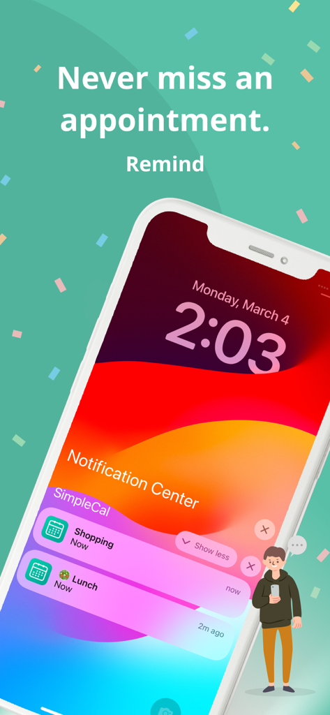 Smartphone screen displaying SimpleCal notifications for shopping and lunch appointments.