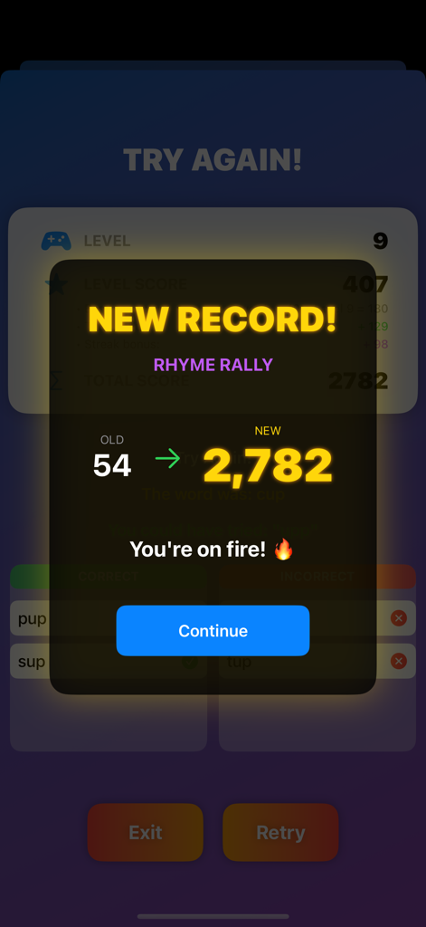RhymeRally: Rhyming Word Game - RhymeRally app screenshot displaying a new record high score of 2782 points