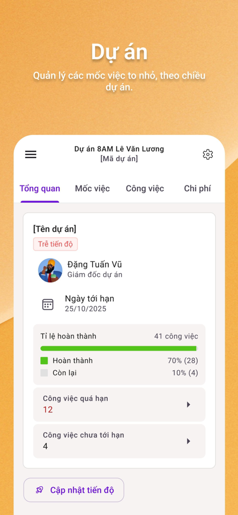 Tela de visão geral do projeto do aplicativo móvel Supa mostrando conclusão de tarefas e acompanhamento de progresso