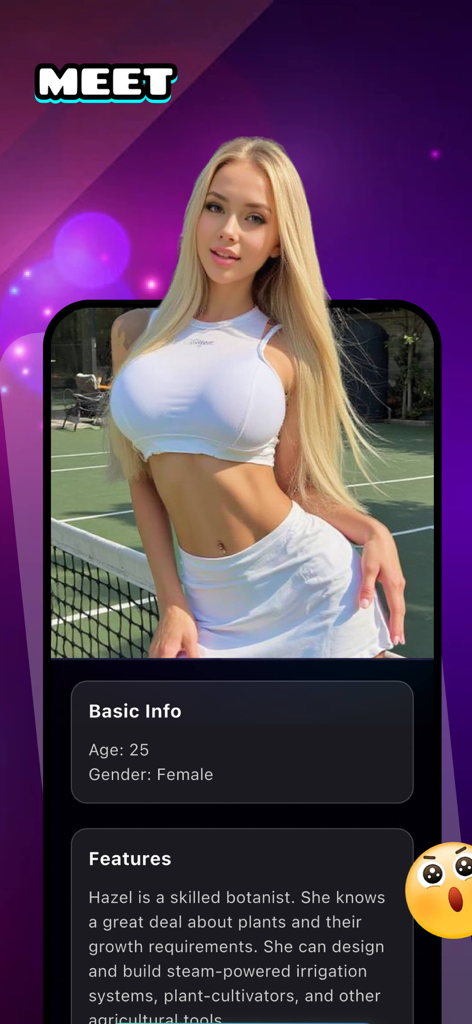 Sayee - Video, Meet & Chat - Uma interface de perfil de usuário no aplicativo de vídeo e chat Sayee apresentando uma jovem chamada Hazel com um fundo de estética neon.