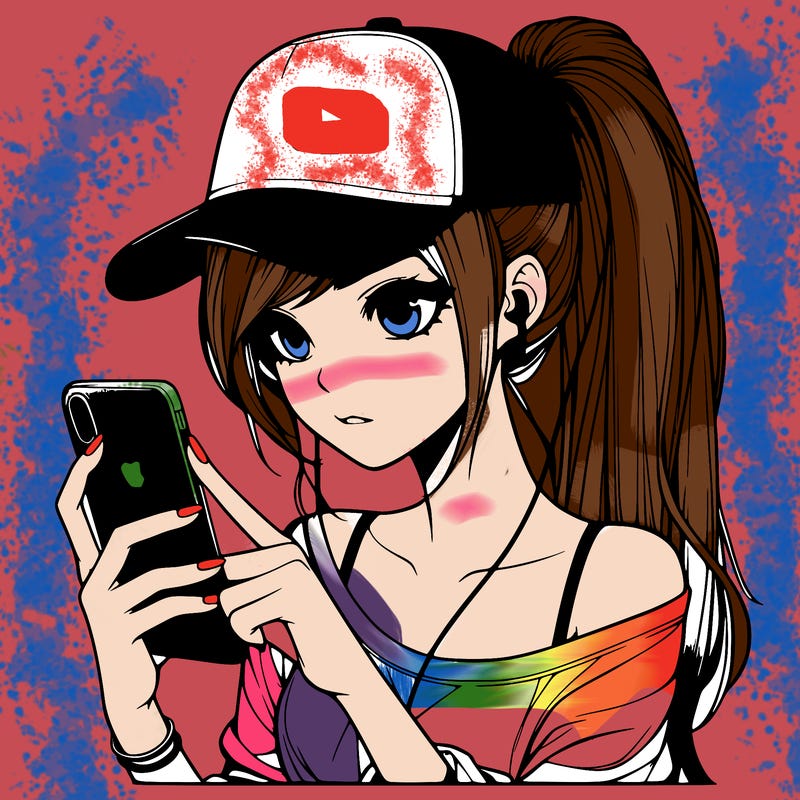 realistic girl with a long ponytail and trucker hat holding an iphone