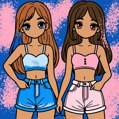 two sisters with crop tops and jean shorts and straight hair