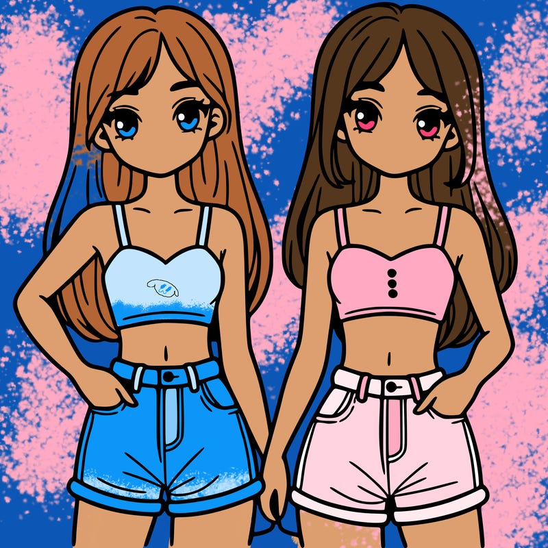 two sisters with crop tops and jean shorts and straight hair