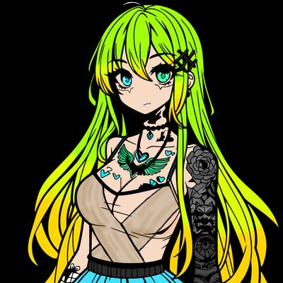 anime girl with long hair and tattoos