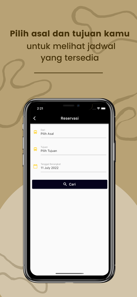 Pantalla de reserva de traslado de la app móvil Semeru Trans para reservar un traslado