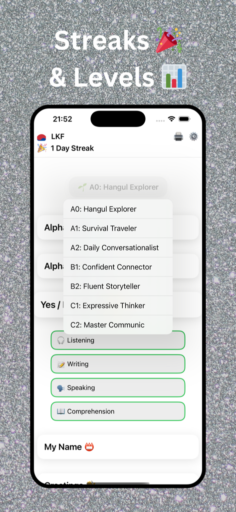 HangulTree app interface showing daily streaks and Korean language proficiency levels from explorer to master.