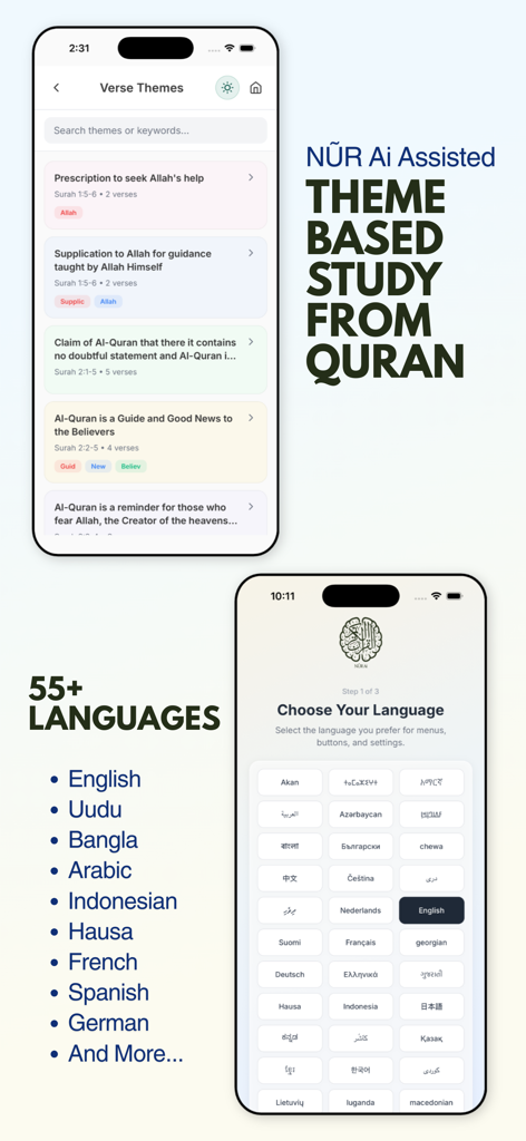 Quran Majeed NUR AI & Tafsir - Quran Majeed NUR AI app screens showing theme based study and language options