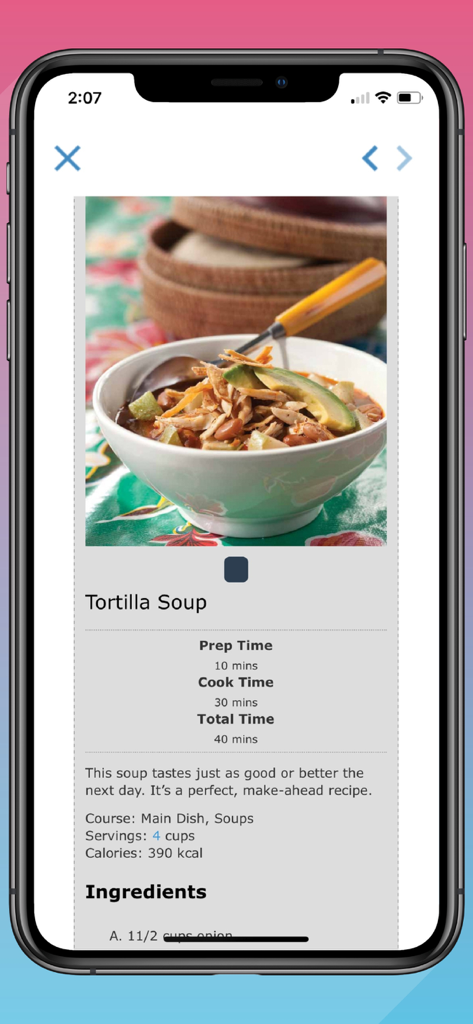A detailed Tortilla Soup recipe within the WICShopper app showing cooking times and nutritional facts