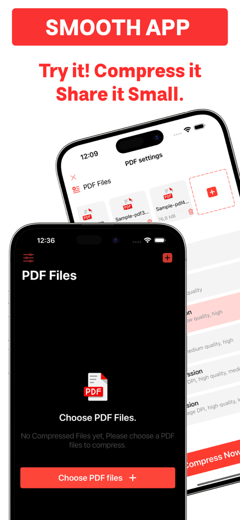 Compress PDF reduce pdf size - Pantalla del iPhone que muestra la interfaz de usuario de una aplicación de compresión de PDF con una lista de documentos y un botón para elegir archivos