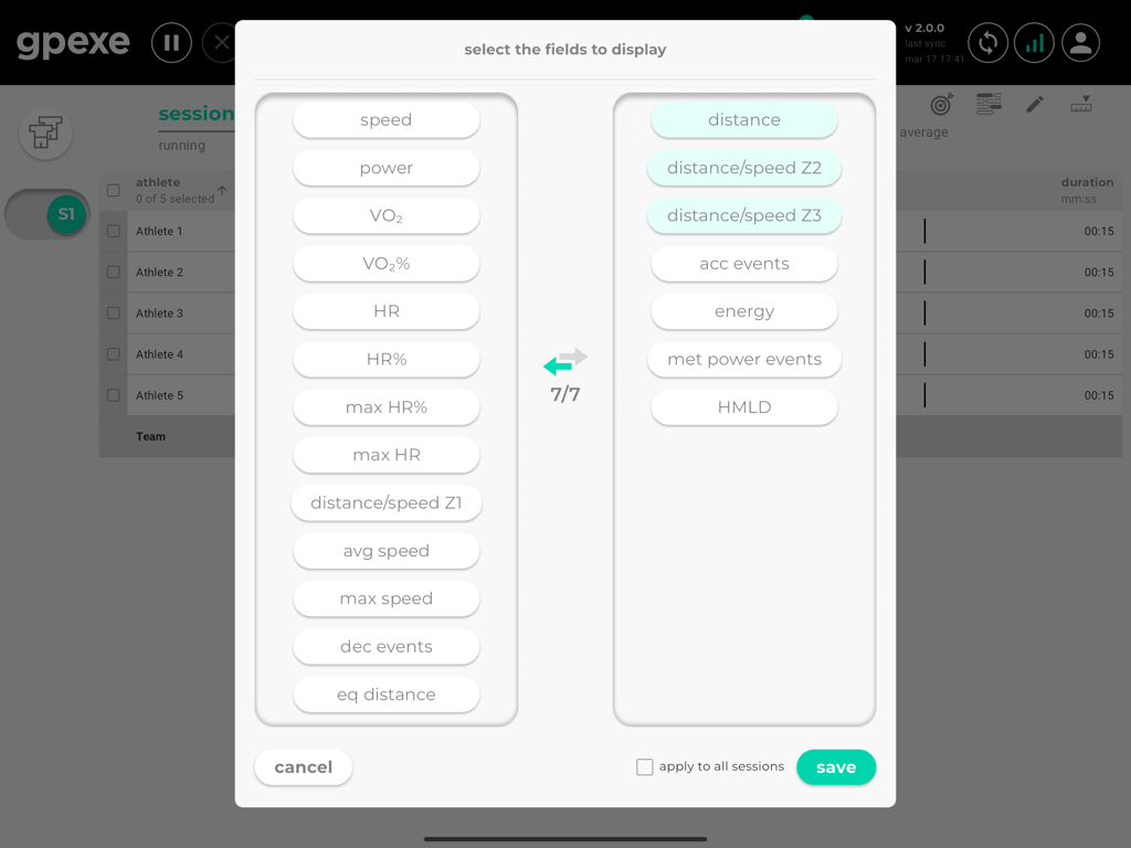 gpexe uno live - Schermata di selezione delle metriche per il tracciamento delle prestazioni dell'atleta in gpexe uno live