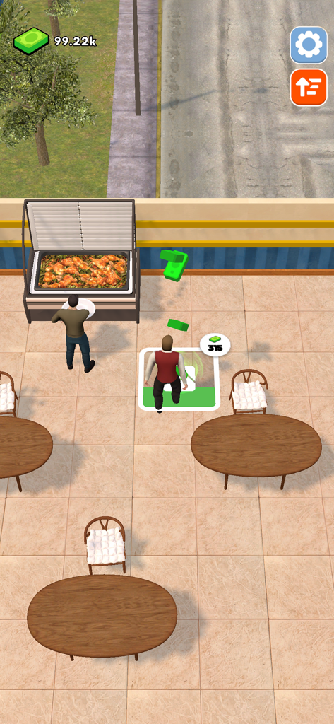 Hotel Manager: Resort Empire - A character in a hotel management game upgrading a resort dining room with buffet and tables