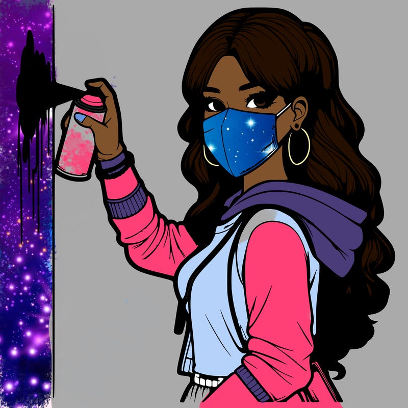 realistic girl with mask spray painting a wall