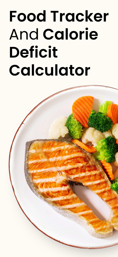 Un plato de salmón a la parrilla y verduras al vapor bajo el texto Food Tracker y Calorie Deficit Calculator