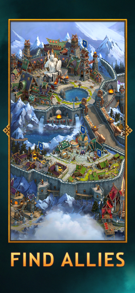 A detailed Viking fortress city built into snowy mountains with the text Find Allies